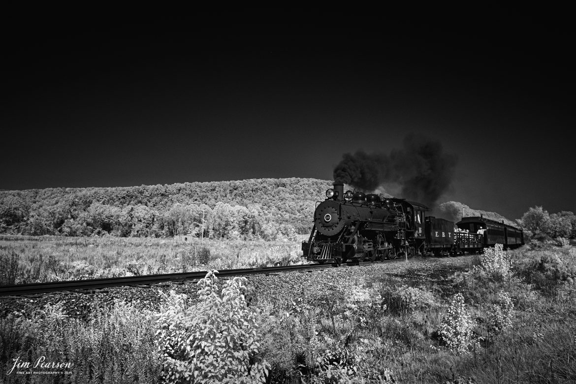 In this week’s Saturday Infrared photo, we catch East Broad Tops steam locomotive 16 as it heads into the outskirts of Rockhill, Pennsylvania, on October 6th, 2024.

According to the East Broad Top Website: Locomotive #16 was built in 1916 by the Baldwin Locomotive Works.

Entering the age of modern steam in 1916, the EBT received its first of three large Mikados. Unlike the previous three smaller locomotives, #16 came with superheaters, piston valves, and Southern valve gear.

One story mentions #16 pulled 60 empty hoppers from Mt. Union to Rockhill in one train, literally clearing out the yard. #16 underwent an overhaul in 1955 and made only a handful of trips in early 1956 before the railroad shut down an overhaul when the EBT shut down. On February 1, 2023, the locomotive returned to service.

Tech Info: Fuji XT-1, RAW, Converted to 720nm B&W IR, Nikon 10-24 @19mm, f/4.5, 1/2000, ISO 800.

#trainphotography #railroadphotography #trains #railways #jimpearsonphotography #infraredtrainphotography #infraredphotography #trainphotographer #railroadphotographer #infaredtrainphotography #trending #EastBroadTop