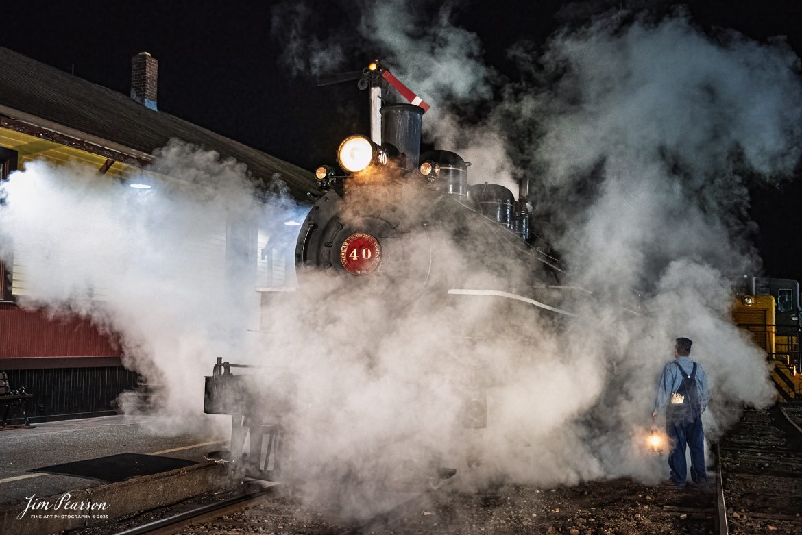 The Valley Railroad Company #40 sits at the depot at Essex, Connecticut as the conductor is surrounded by steam, on the night of October 8th, 2024, during a photo charter conducted by Dak Dillion Photography.

According to Wikipedia: The Valley Railroad, operating under the name Essex Steam Train and Riverboat, is a heritage railroad based in Connecticut on tracks of the Connecticut Valley Railroad, which was founded in 1868. The company began operations in 1971 between Deep River and Essex and has since reopened additional parts of the former Connecticut Valley Railroad line. It operates the Essex Steam Train and the Essex Clipper Dinner Train.

Tech Info: Nikon D810, RAW, Nikon 24-70 @ 36mm, 2.8, 1/100, ISO 10,000.

#photographyoftrains #bestsoldpicture #JimPearsonPhotography #thevalleyrailroad #steamtrains