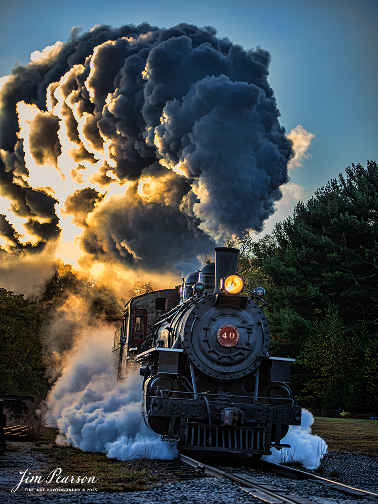 The Valley Railroad Company #40 steams through the early morning sunrise with a rare mixed freight move out of Essex, Connecticut on October 8th, 2024, as part of a two-day photo charter conducted by Dak Dillion Photography.

According to Wikipedia: The Valley Railroad, operating under the name Essex Steam Train and Riverboat, is a heritage railroad based in Connecticut on tracks of the Connecticut Valley Railroad, which was founded in 1868. The company began operations in 1971 between Deep River and Essex and has since reopened additional parts of the former Connecticut Valley Railroad line. It operates the Essex Steam Train and the Essex Clipper Dinner Train.

Valley Railroad #40 is a ALCO 2-8-0 that was built in 1923. It was built as Portland, Astoria and Pacific No. 101, but never used there; transferred to Minarets and Western Railroad in 1921, later to Southern Pacific, then to the Aberdeen and Rockfish Railroad. Purchased by the Valley Railroad in 1977.

Tech Info: Nikon D810, RAW, Nikon 70-300 @ 185mm, 5.3, 1/200, ISO 160.

#photographyoftrains #bestsoldpicture #JimPearsonPhotography #thevalleyrailroad #steamtrains