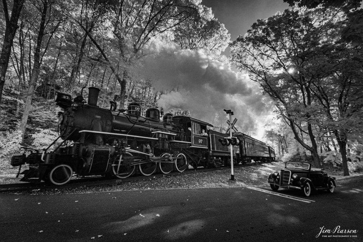 In this week’s Saturday Infrared Photo, we find The Valley Railroad Company #97 headed toward Chester, Connecticut with a passenger train on October 9th, 2024 with an old car stopped at the crossing, as part of a two-day photo charter conducted by Dak Dillion Photography.

According to Wikipedia: The Valley Railroad, operating under the name Essex Steam Train and Riverboat, is a heritage railroad based in Connecticut on tracks of the Connecticut Valley Railroad, which was founded in 1868. The company began operations in 1971 between Deep River and Essex and has since reopened additional parts of the former Connecticut Valley Railroad line. It operates the Essex Steam Train and the Essex Clipper Dinner Train.

Tech Info: Fuji XT-1, RAW, Converted to 720nm B&W IR, Nikon 10-24 @ 10mm, f/5, 1/250, ISO 400.

#jimpearsonphotography #infraredtrainphotography #infraredphotography #infraredphotography #trending #thevalleyrailroad