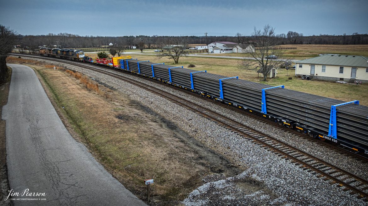 Union Pacific 5890 leads CSX W017, a brand new loaded continuous rail train, as it heads south as it passes the north end of the siding at Kelly, Kentucky on March 4th, 2025, on the CSX Henderson Subdivision.

Tech Info: DJI Mavic 3 Classic Drone, RAW, 22mm, f/2.8, 1/1000, ISO 100.

#railroad #railroads #train, #trains #railway #railway #railtransport #railroadengines #picturesoftrains #picturesofrailways #besttrainphotograph #bestphoto #photographyoftrains #bestsoldpicture #JimPearsonPhotography #trainsfromadrone #trainderailment #csxhendersonsubdivision #onecsx