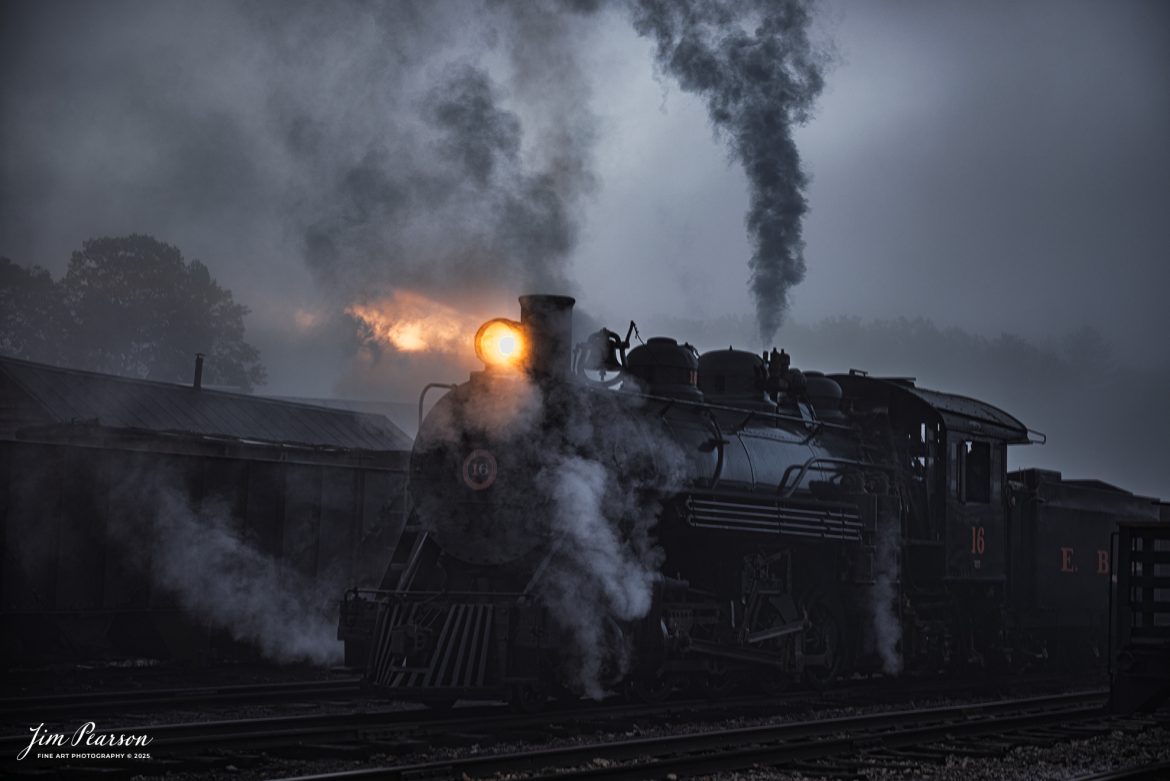 East Broad Top (EBT) steam locomotive #16 sits in the yard in the early morning fog at Rockhill Furnace, Pennsylvania on October 6th, 2024, during the museum’s Friends of the East Broad top event.

According to the East Broad Top Website: Locomotive #16 was built in 1916 by the Baldwin Locomotive Works.

Entering the age of modern steam in 1916, the EBT received its first of three large Mikados. Unlike the previous three smaller locomotives, #16 came with superheaters, piston valves, and Southern valve gear. One story mentions #16 pulled 60 empty hoppers from Mt. Union to Rockhill in one train, literally clearing out the yard. #16 underwent an overhaul in 1955 and made only a handful of trips in early 1956 before the railroad shut down. On February 1, 2023, the locomotive returned to service.

Tech Info: Nikon D810, RAW, Nikon 24-70 @24mm, f/2.8, 1/50, ISO 64.

steam locomotive, train, railways, vintage, smoke, green hillside, sunlight, iron bridge, transportation, travel, photography of trains, train photography, Jim Pearson Photography, trending photo, East Broad Top Railroad, steam train