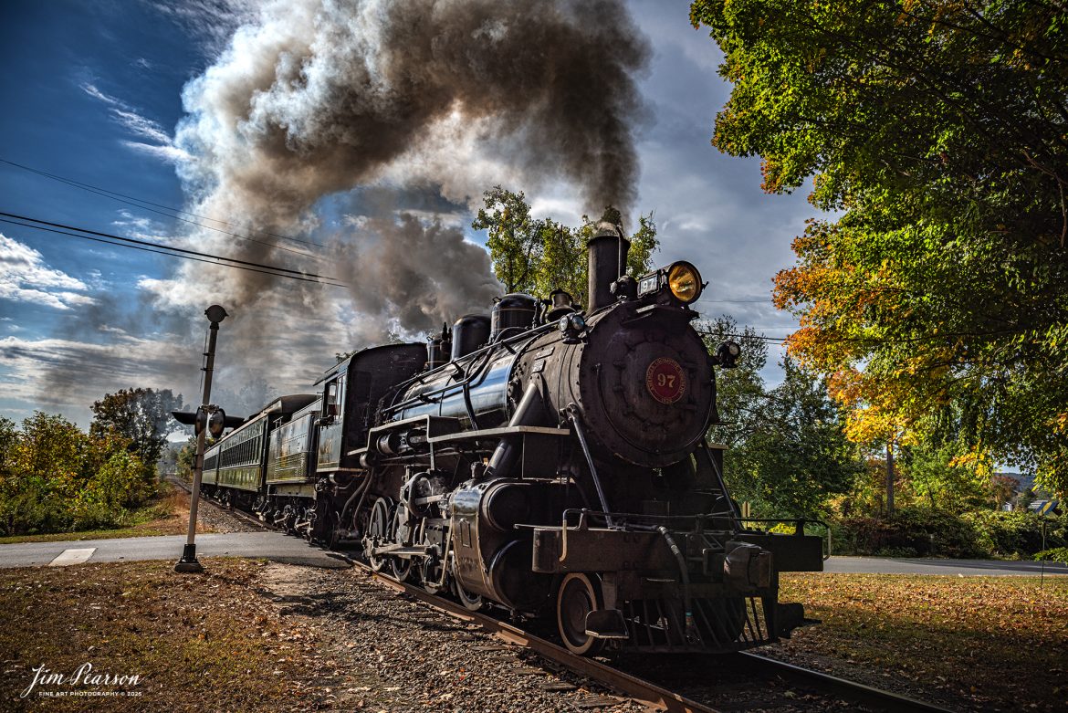 The Valley Railroad Company #97 heads through the countryside out of Essex, Connecticut with a passenger train on October 9th, 2024, as part of a two-day photo charter conducted by Dak Dillion Photography.

According to Wikipedia: The Valley Railroad, operating under the name Essex Steam Train and Riverboat, is a heritage railroad based in Connecticut on tracks of the Connecticut Valley Railroad, which was founded in 1868. The company began operations in 1971 between Deep River and Essex and has since reopened additional parts of the former Connecticut Valley Railroad line. It operates the Essex Steam Train and the Essex Clipper Dinner Train.

Tech Info: Nikon D810, RAW, Nikon 24-70 @ 24mm, f/5.6, 1/2500, ISO 80.

#photographyoftrains #trainphotography #JimPearsonPhotography #trendingphoto #thevalleyroadcompany